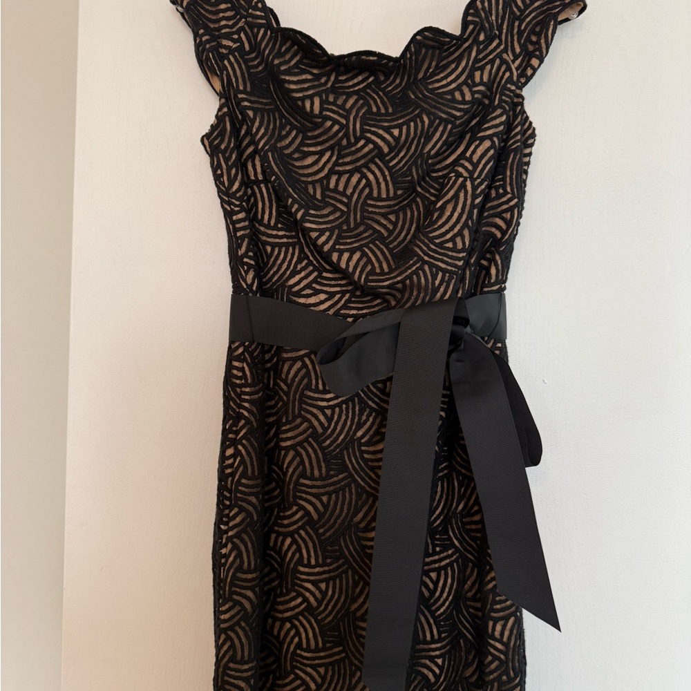 Tadashi Shoji Black and Tan Sheath Dress with Cowl Neck